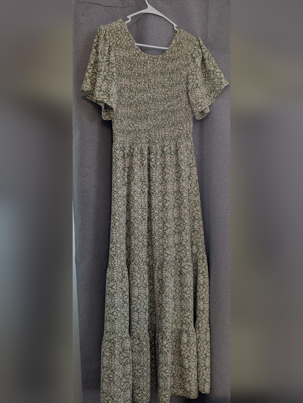 Sage Green Floral Smocked Top Maxi Dress
